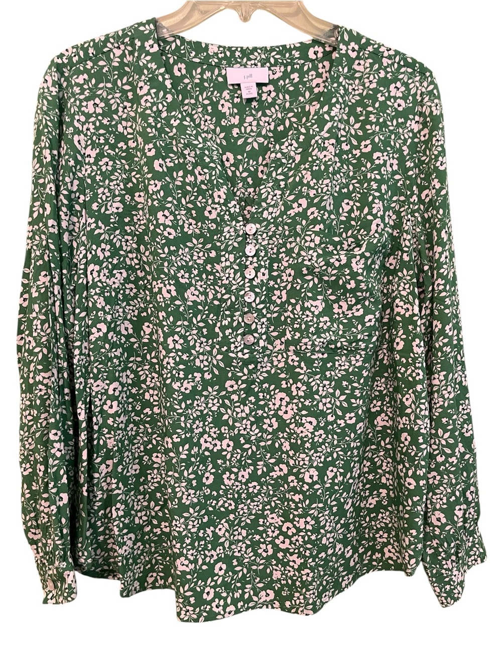 J.Jill green and white floral print blouse